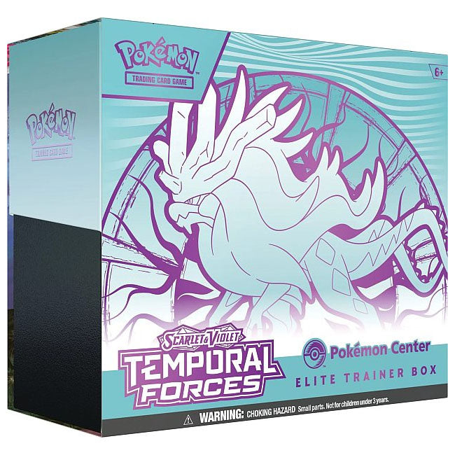 The Pokémon TCG: Temporal Forces Pokémon Center Elite Trainer Box – Walking Wake by The Pokémon Company features a light blue and purple design, logos, warning label, and is suitable for ages 6 and up.