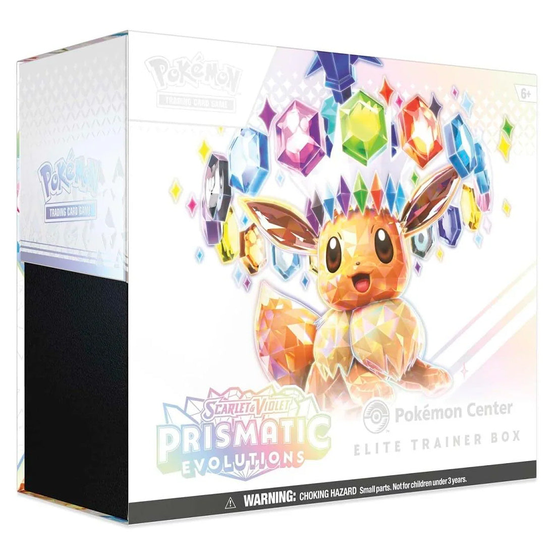 The Pokémon TCG: Prismatic Evolutions Pokémon Center Elite Trainer Box by The Pokémon Company showcases a crystal-style Eevee with vibrant gems. Packaging displays the Pokémon Center logo and an age warning.