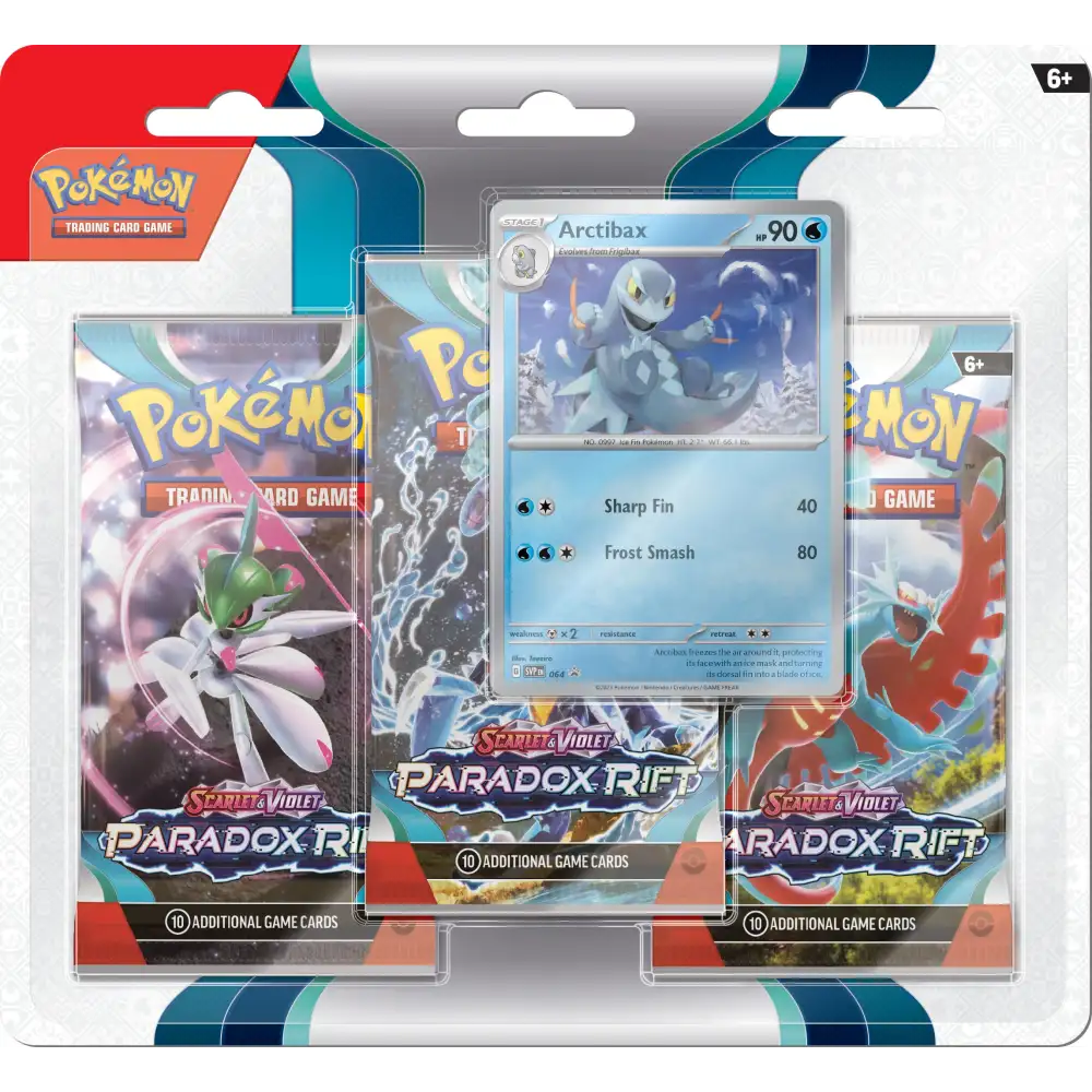 The Pokémon TCG: Paradox Rift Arctibax 3-Pack Blister by The Pokémon Company features three booster packs and a Black Star promo Arctibax card, all in packaging that displays the Pokémon Trading Card Game logo and is marked for ages 6 and up.