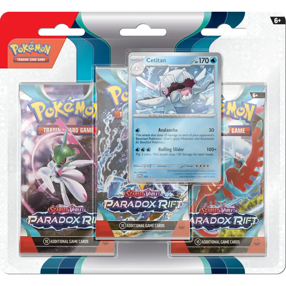 The Pokémon TCG: Paradox Rift Cetitan 3-Pack Blister by The Pokémon Company includes three booster packs and a Cetitan promo card, all showcased in clear packaging. Suitable for ages 6 and up.