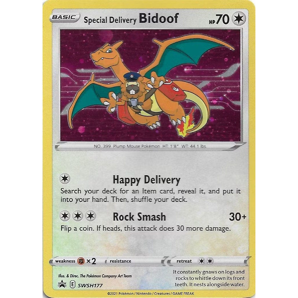 The Pokémon TCG: Special Delivery Bidoof SWSH 177 (Sealed) by The Pokémon Company features Bidoof riding Charizard, has 70 HP, and includes the Happy Delivery and Rock Smash moves.