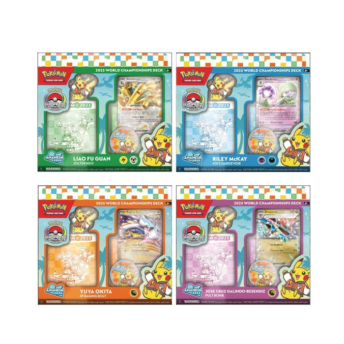 Four boxed Pokémon TCG: 2025 World Championships Decks from The Pokémon Company feature Pikachu art, holographic cards, and deck names: Liao Fu Guan, Riley McKay, Yuva Okita, and Jose Cruz Galindo-Resendez.