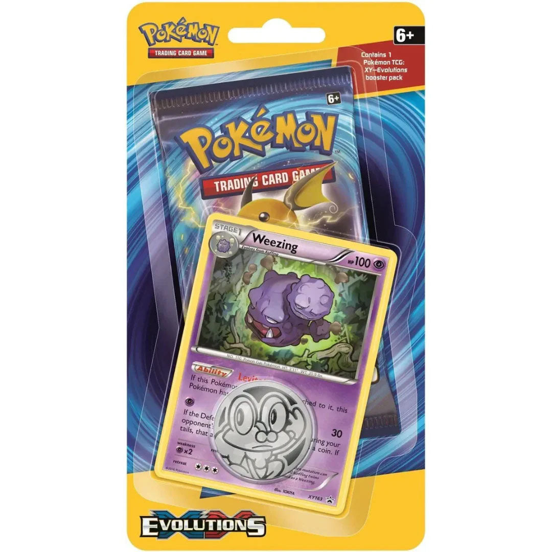 The Pokémon Company’s Pokémon TCG: XY Evolutions Blister Pack for ages 6+ includes a foil Weezing card and a silver Pikachu coin, sealed in clear plastic packaging.