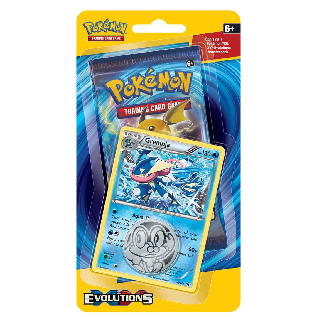 A Pokémon TCG: XY Evolutions Blister Pack containing a single trading card booster pack and a Greninja trading card.