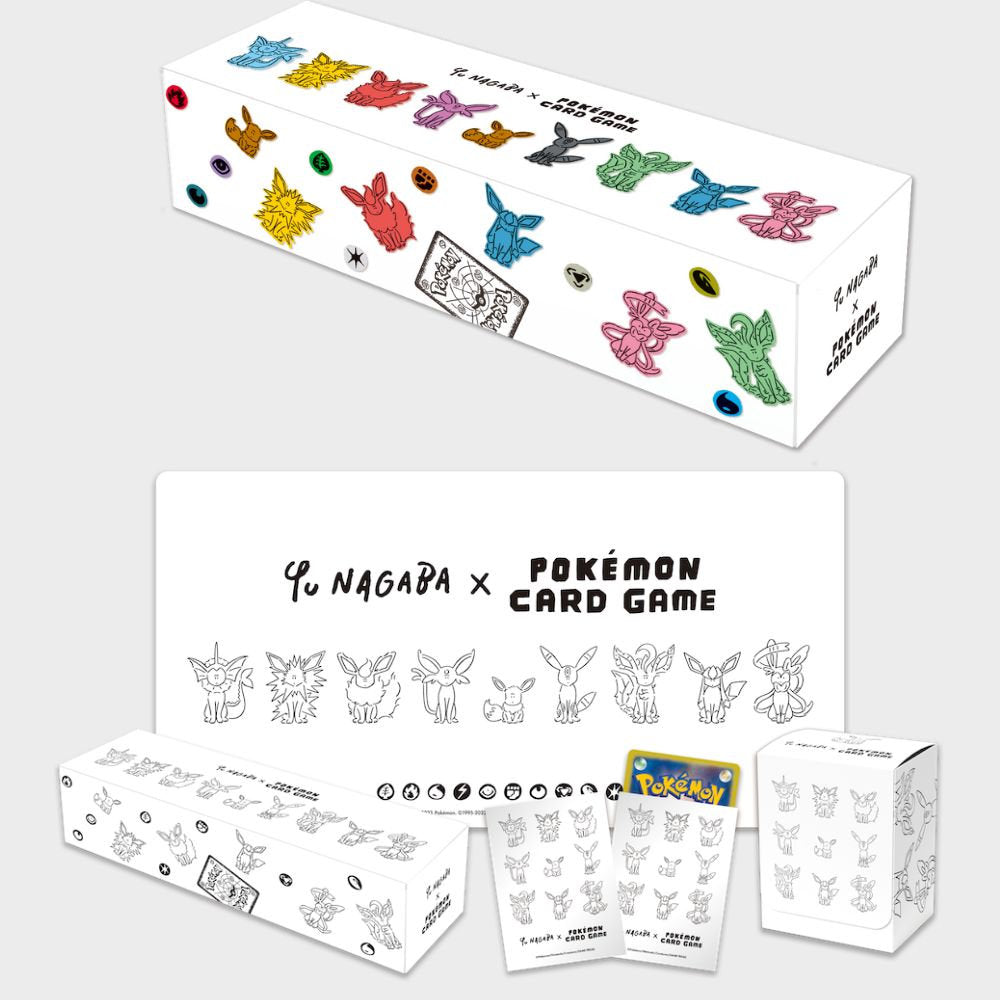 The Pokémon Company’s Pokémon TCG: Yu Nagaba Eeveelution Box is a rectangular white box with accessories, featuring simple line art of Eevee and its evolutions, colored gem icons, and “Yu Nagaba x Pokémon Card Game” text.