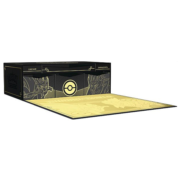 A black, textured box with a gold border and a gold Poké Ball symbol in the center, designed by The Pokémon Company as the Pokémon TCG: Sword & Shield Ultra-Premium Collection - Zacian & Zamazenta, resembling a premium trading card storage box.