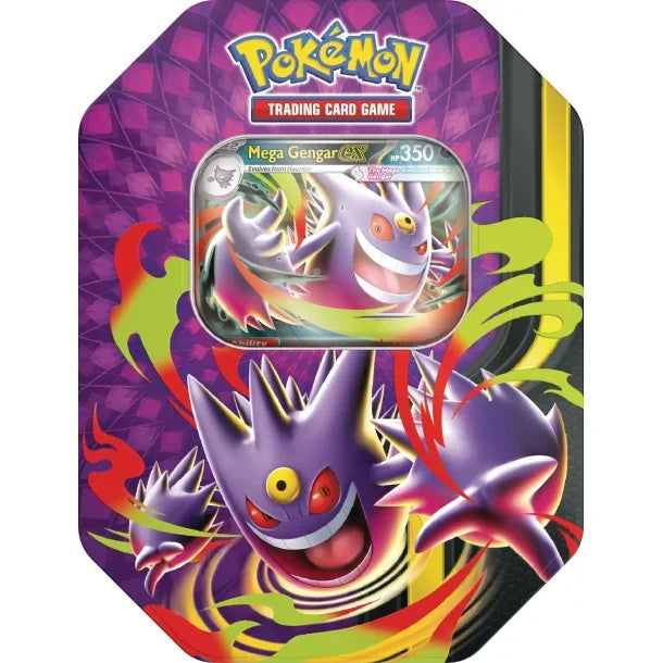 The Pokémon TCG: Mega ex Tin Summer 2026 by The Pokémon Company features Mega Gengar with a colorful design and swirling patterns, plus a Mega Gengar EX card displayed in the center.