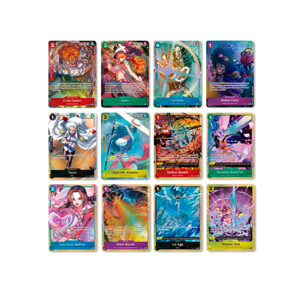 The Bandai One Piece Card Game: Premium Card Collection Vol. 1 includes twelve trading cards in a 3x4 grid, each showcasing vivid One Piece characters and action scenes with unique icons and numbers.