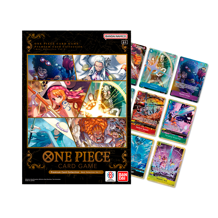 The Bandai One Piece Card Game: Premium Card Collection Vol. 1 box showcases vibrant One Piece character art, displayed alongside a selection of colorful collectible cards from the game.