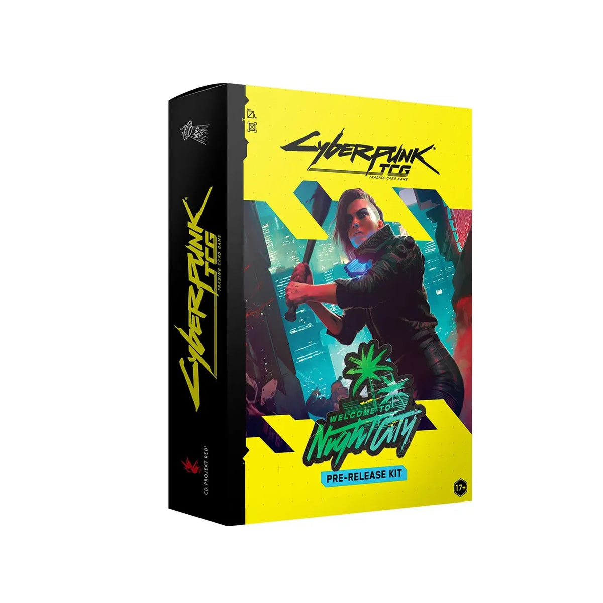 Cyberpunk TCG: Welcome To Night City Pre-Release box featuring a character holding a baseball bat against a neon city backdrop, with Welcome to Night City text and a palm tree icon.