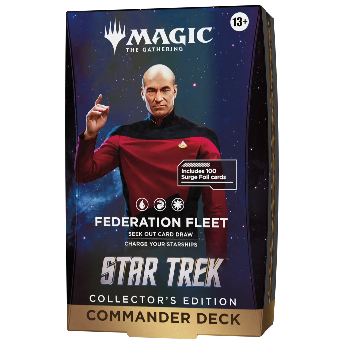 Wizards of the Coast Magic: The Gathering – Star Trek Collector’s Edition Commander Decks set includes four deck boxes, each highlighting a unique Star Trek character and titled Klingon Fury, We Are The Borg, Landing Party, and Federation Fleet.