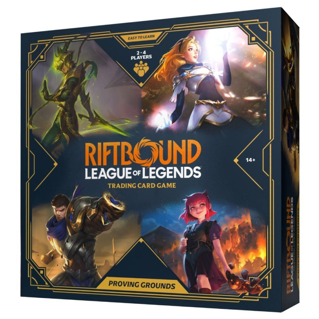 The image shows a sealed Riftbound: League of Legends TCG: Proving Grounds box by Riot Games, featuring four illustrated characters, the logo, and details for 2-4 players, ages 14+.