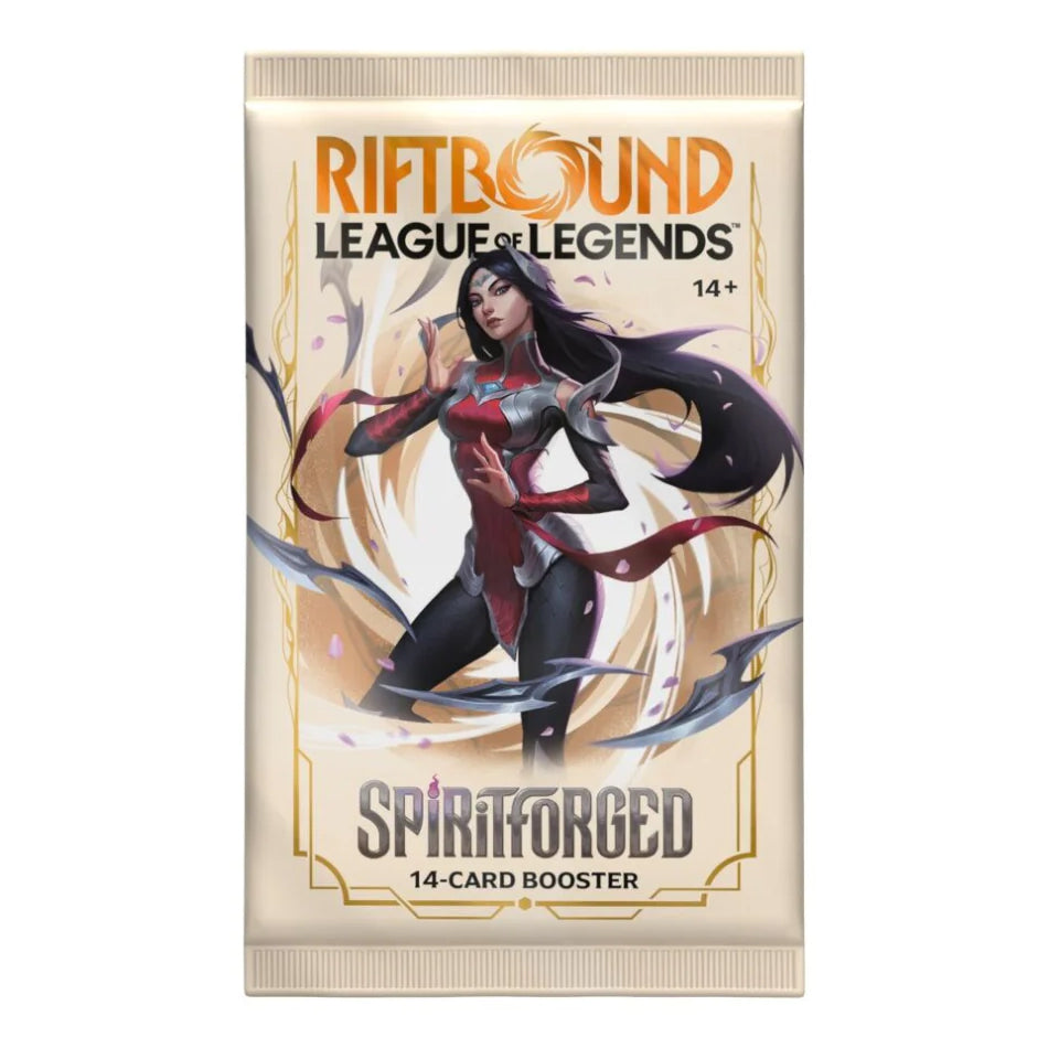 Riftbound: League of Legends TCG: Set 02: Spiritforged - Booster Pack featuring a dark-haired female warrior in red and silver armor with the text Riftbound League of Legends, Spiritforged, and a 14-Card Booster.