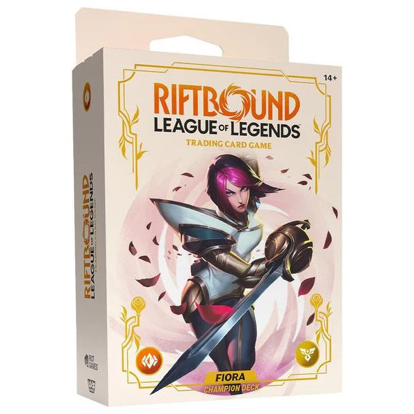 Boxed Riftbound: League of Legends TCG: Set 02: Spiritforged - Champion Deck Fiora featuring the character holding a rapier.
