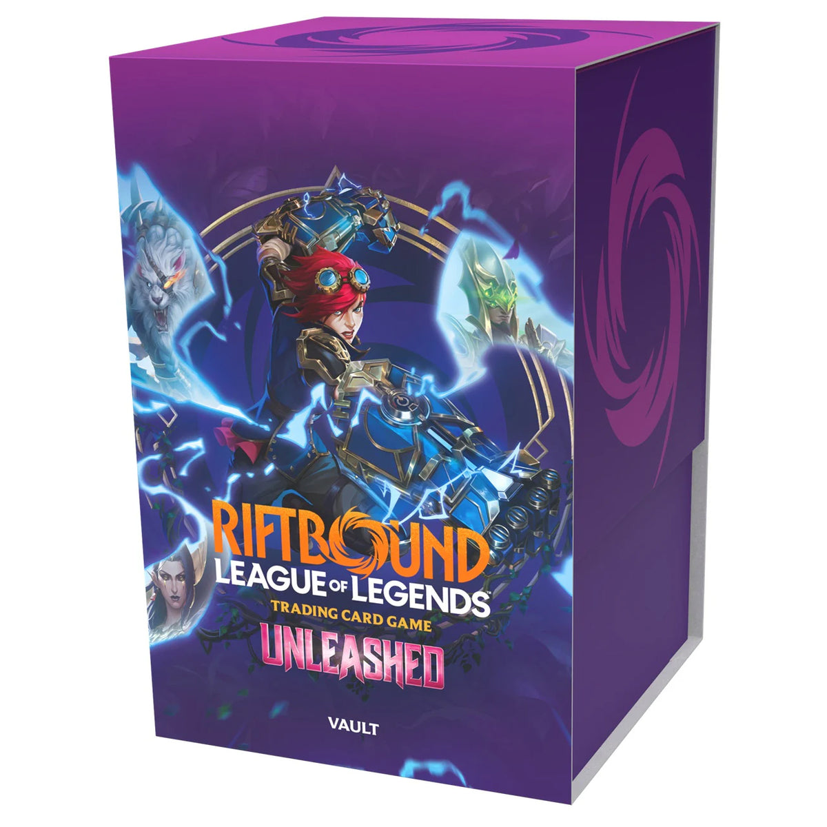 A purple Riftbound: League of Legends TCG: Set 03: Unleashed - Vault box featuring character illustrations surrounded by blue lightning and the game title text.