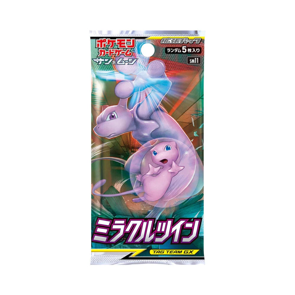 Pokémon TCG: Miracle Twin Booster Box - Japansk (Sun & Moon: SM11) booster pack featuring Mew and Mewtwo, with Japanese text and branding.