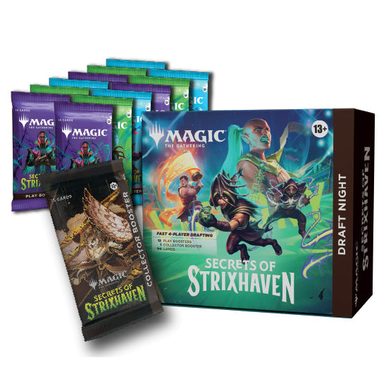 Magic the Gathering: Secrets of Strixhaven Draft Night Display box featuring fantasy characters in dynamic poses with the title printed on the front.