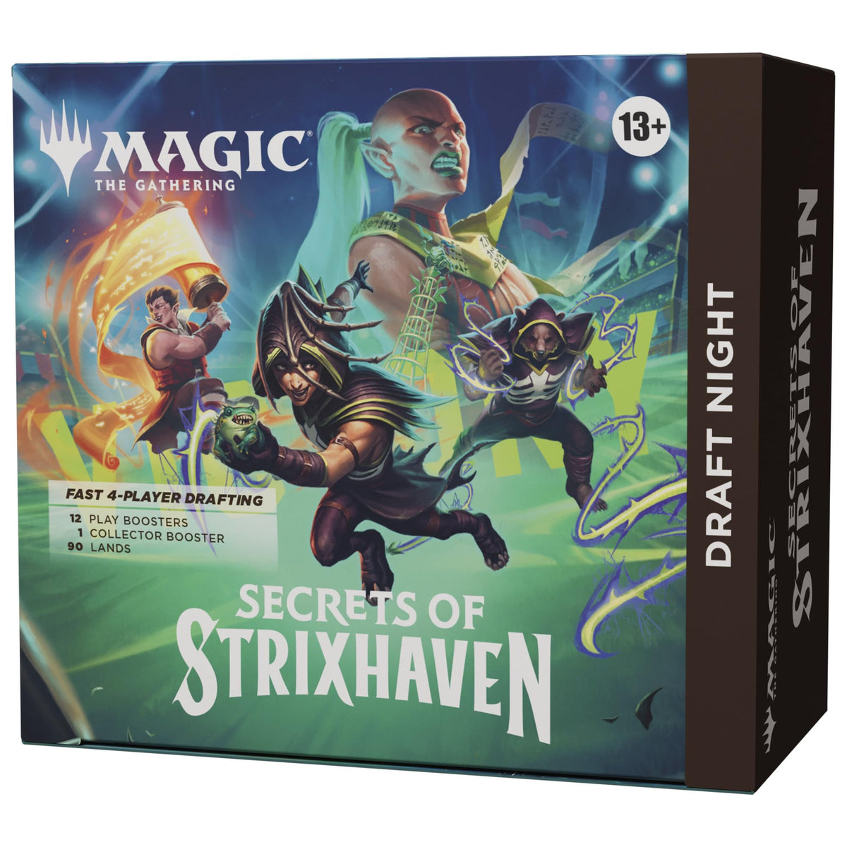 Magic the Gathering: Secrets of Strixhaven Draft Night Display box featuring fantasy characters in dynamic poses with the title printed on the front.