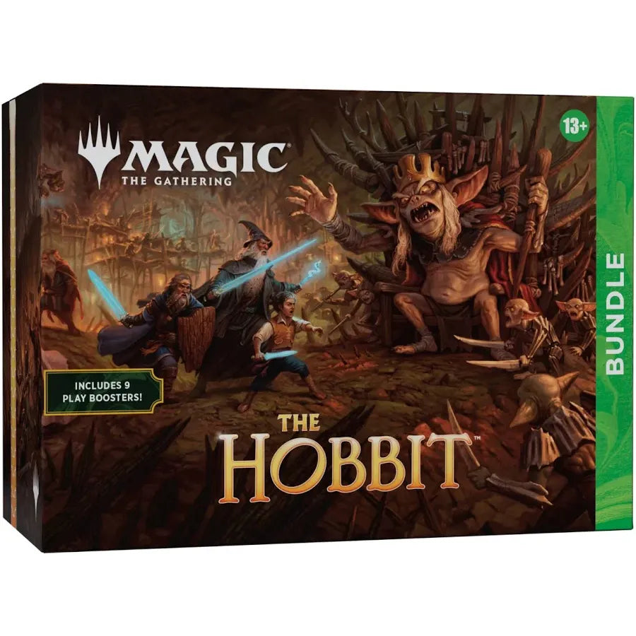 The Magic: The Gathering – The Hobbit Bundle by Wizards of the Coast features characters wielding swords as they confront a large goblin king in a dark, fantasy setting. Part of the Universes Beyond Middle-earth series, this bundle is recommended for ages 13+ and includes 9 play boosters.