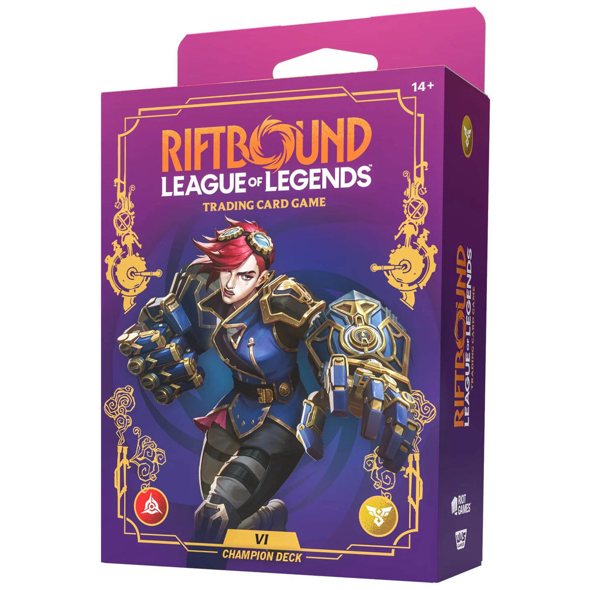 A purple box of Riot Games’ Riftbound: League of Legends TCG Set 03: Unleashed - Champion Deck Vi, for ages 14+, featuring Vi in armor on the front.