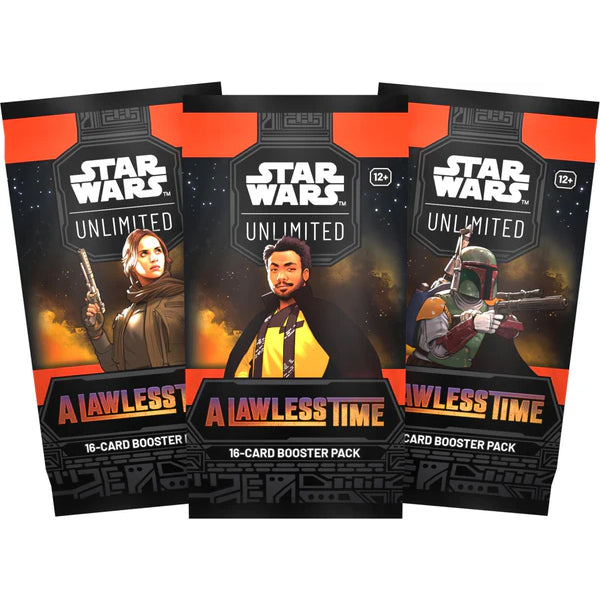 A Star Wars: A Lawless Time Booster Display box containing 24 card packs, featuring thematic artwork of Star Wars characters.