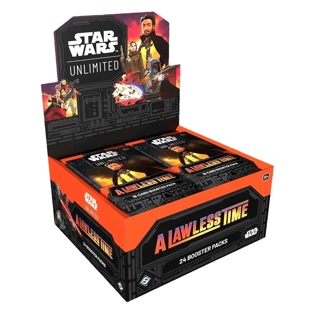 A Star Wars: A Lawless Time Booster Display box containing 24 card packs, featuring thematic artwork of Star Wars characters.