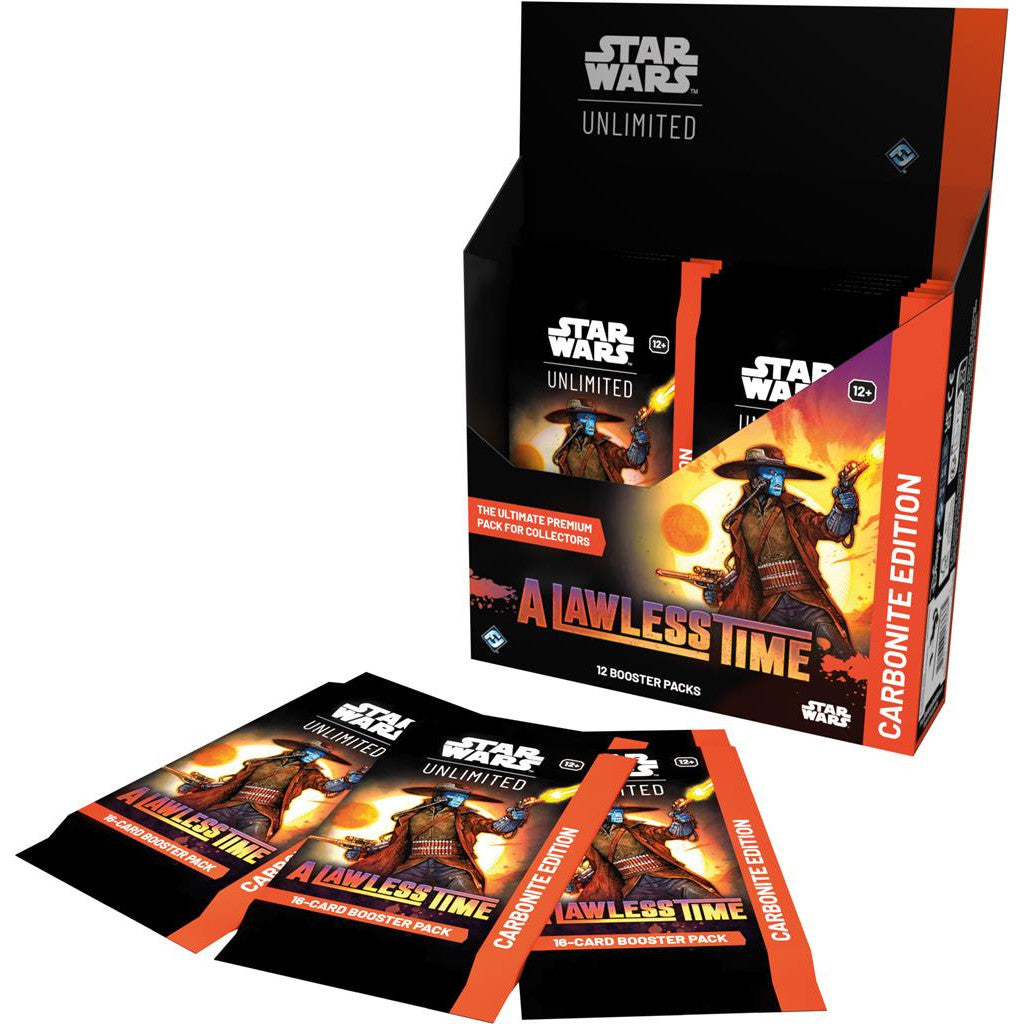 The Fantasy Flight Games Star Wars: A Lawless Time Carbonite Edition Booster Display includes 12 booster packs, each featuring artwork of a character with a blaster in front of a fiery background.