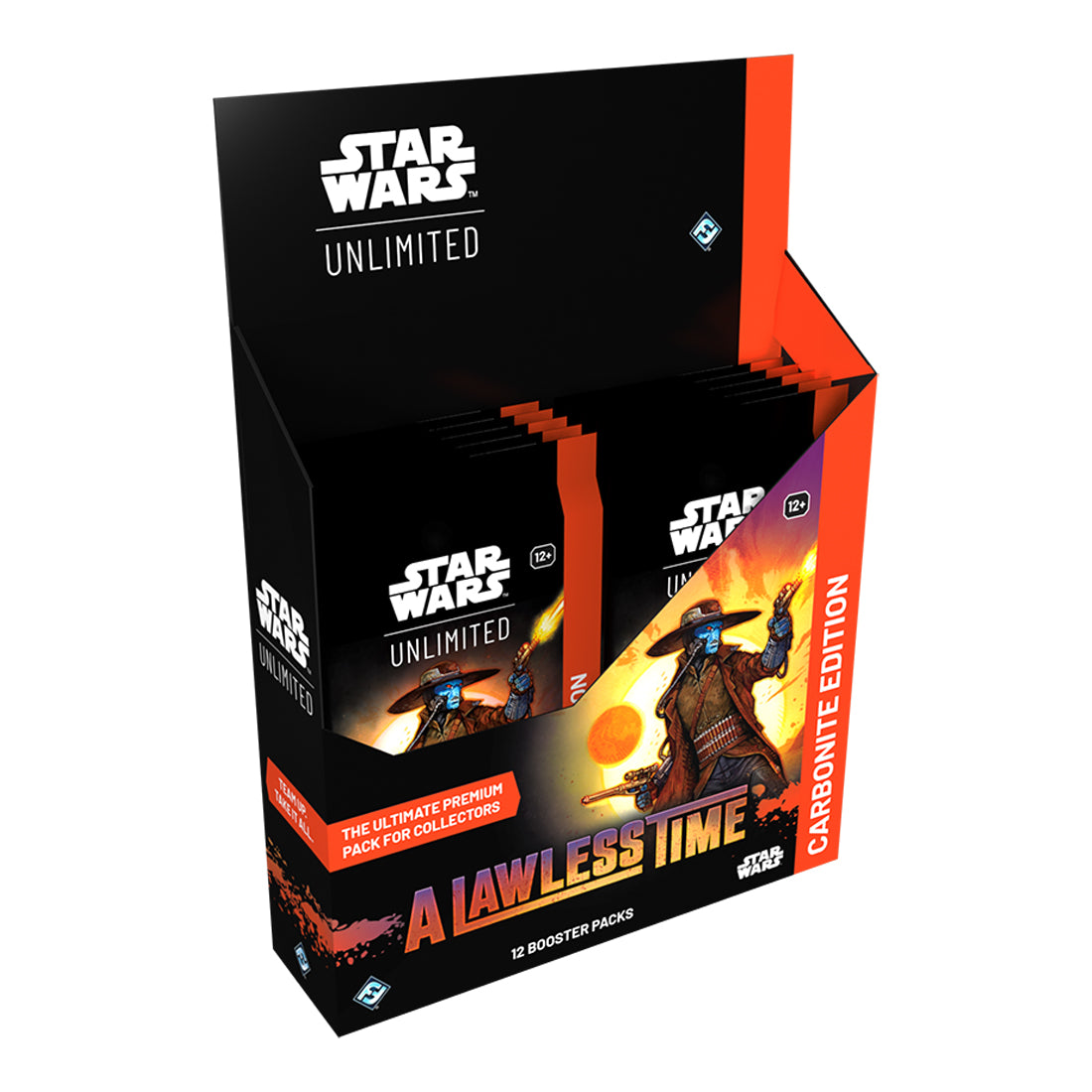 The Fantasy Flight Games Star Wars: A Lawless Time Carbonite Edition Booster Display includes 12 booster packs, each featuring artwork of a character with a blaster in front of a fiery background.