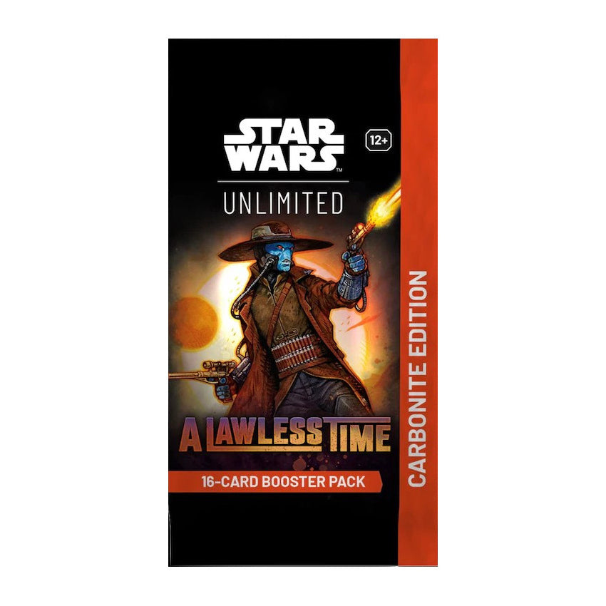 The Star Wars: A Lawless Time Carbonite Edition Booster Display by Fantasy Flight Games features a blue-skinned character in a hat and coat with a blaster, set against planets and bold black and orange graphics.