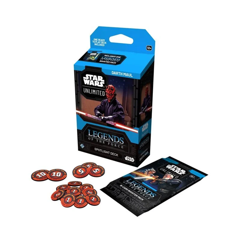 Star Wars: Unlimited - Legends of the Force Spotlight Deck - Darth Maul, including a matching booster pack and a collection of numbered damage tokens.