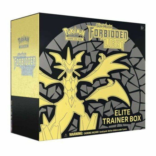 The Pokémon Company’s Pokémon TCG: Forbidden Light Elite Trainer Box features a yellow Zygarde design on a black background with geometric patterns and official branding.