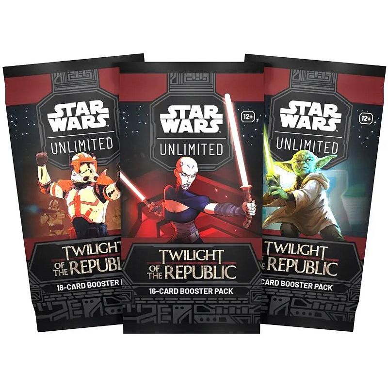 Three Star Wars: Twilight of the Republic booster packs, each featuring a different character wielding a lightsaber above the title.