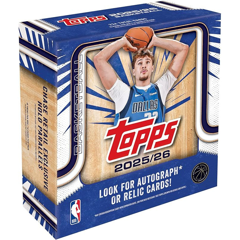 The Topps NBA Basketball Flagship 2025/26 Mega Box features NBA samlekort with a Dallas player holding a basketball overhead, and offers chances for autograph or relic cards plus exclusive holofoil parallels in every box.