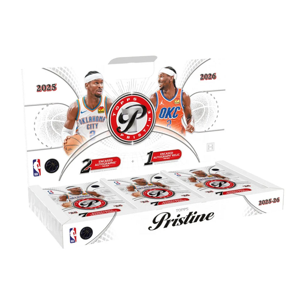 Box of Topps Pristine 2025 NBA Basketball Hobby cards by Topps, featuring two NBA players in Oklahoma City Thunder and Denver Nuggets uniforms, with packs partially open and the Pristine logo displayed.