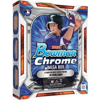 A 2026 Topps Chrome Bowman Mega Box featuring a baseball player in purple batting, with text stating 6 cards per pack, 10 packs per box, 36 total cards, and MLB logos in the corners.