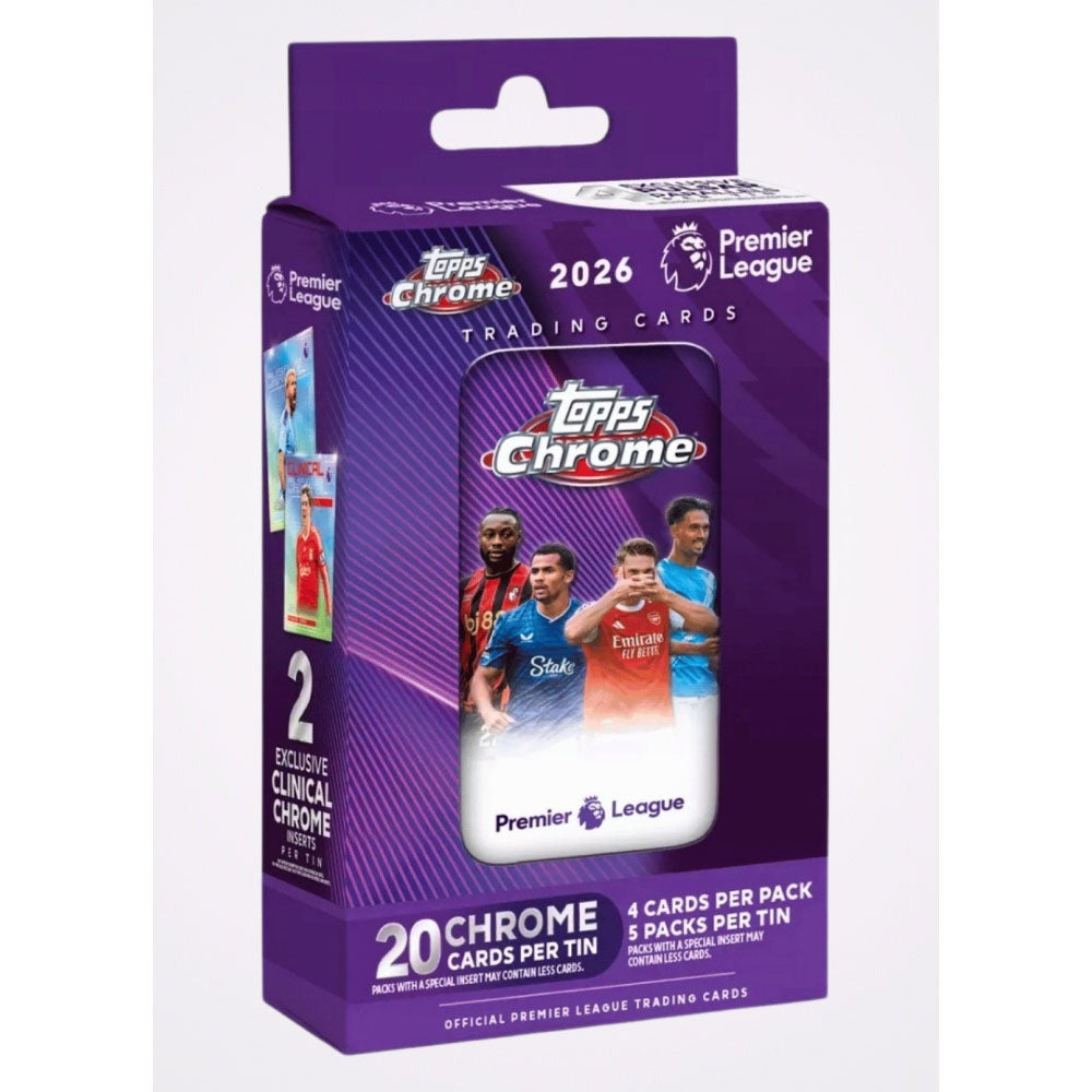 A Topps Chrome 2025/26 Premier League Tin featuring four football players, Premier League and Topps Chrome logos, with text stating 20 chrome cards per tin and 2 exclusive clinical chrome cards.