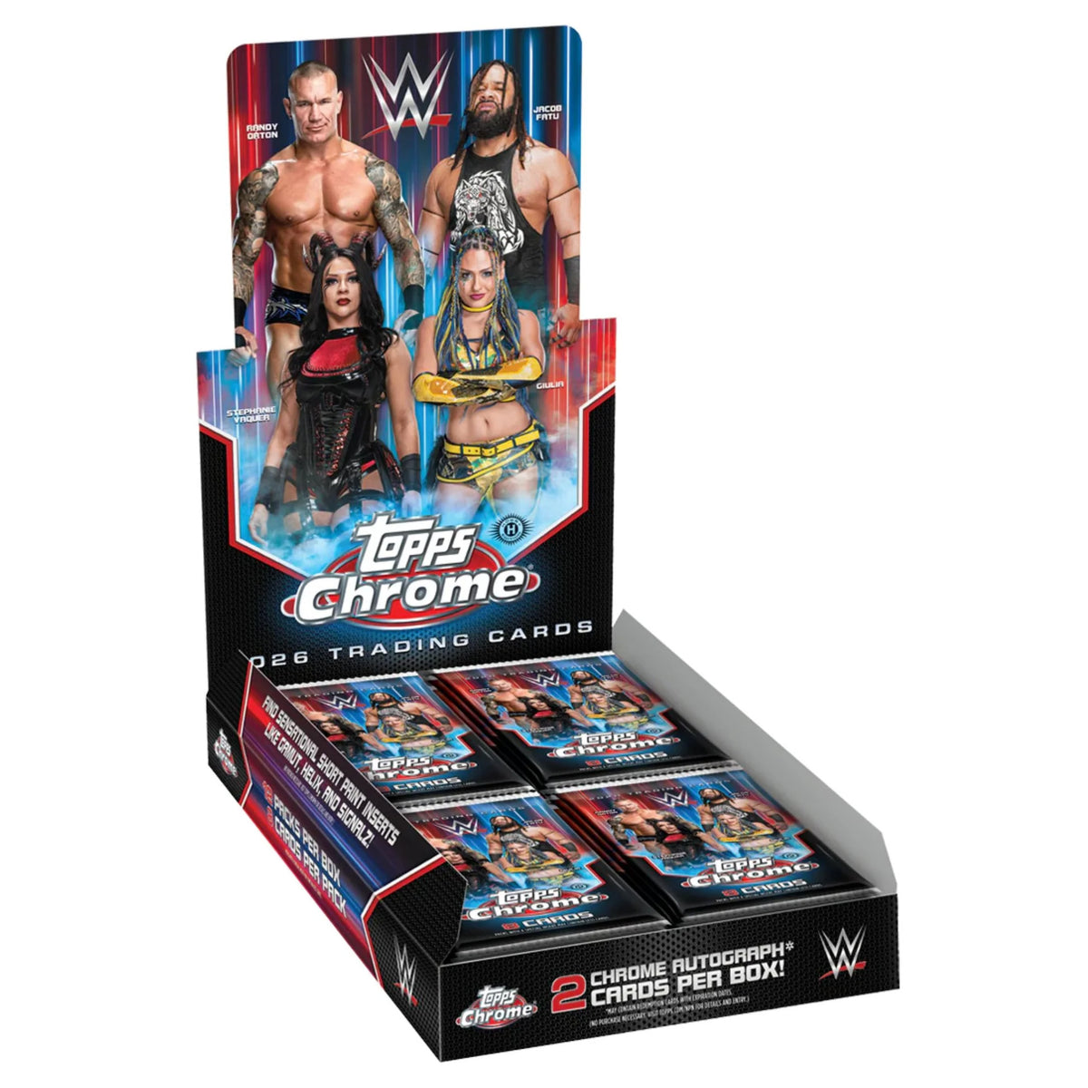 Topps Chrome 2026 WWE Hobby Box by Topps, showcasing four featured wrestlers on the display packaging and neatly arranged individual card packs inside. Packaging highlights "2 Chrome Autograph Cards Per Box!" and "2026 Trading Cards.