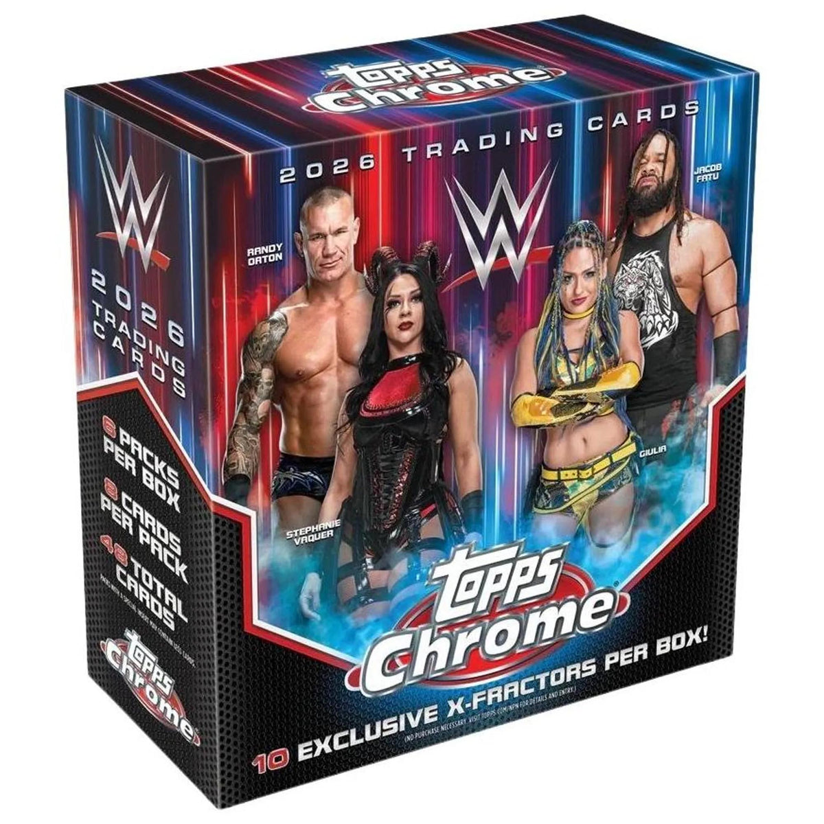 The Topps Chrome 2026 WWE Mega Box features four wrestlers and the WWE logo on the front, plus text noting 6 packs per box and 10 exclusive X-Fractors per box.