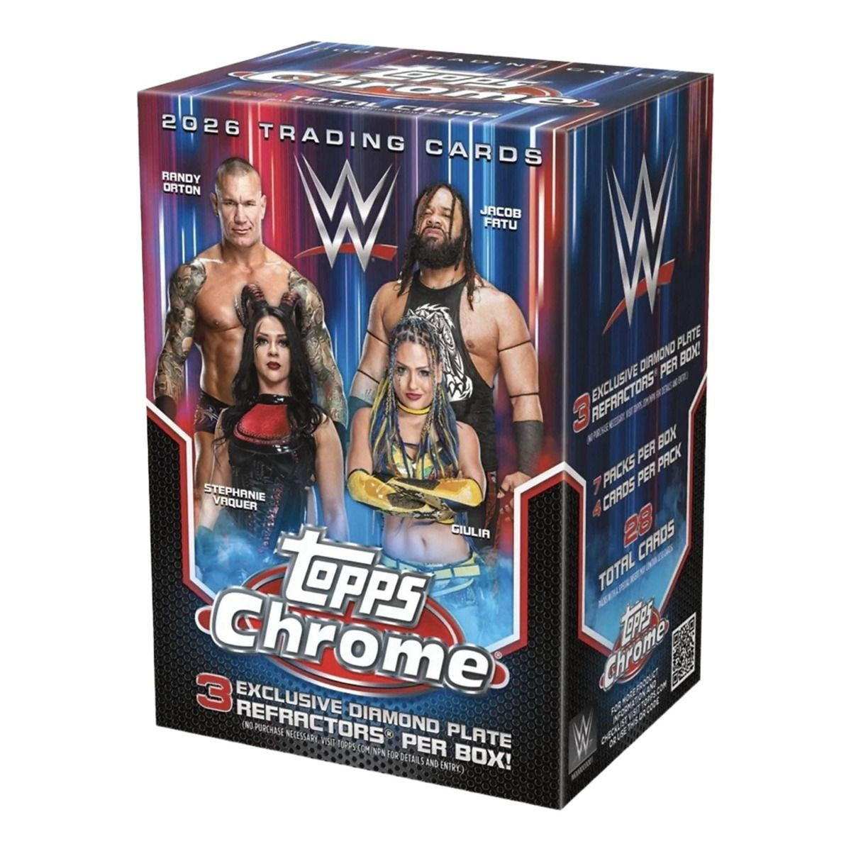 The Topps Chrome 2026 WWE Value Box features images of four male and female wrestlers on the front, along with logos and promotional text highlighting exclusive cards and box contents.