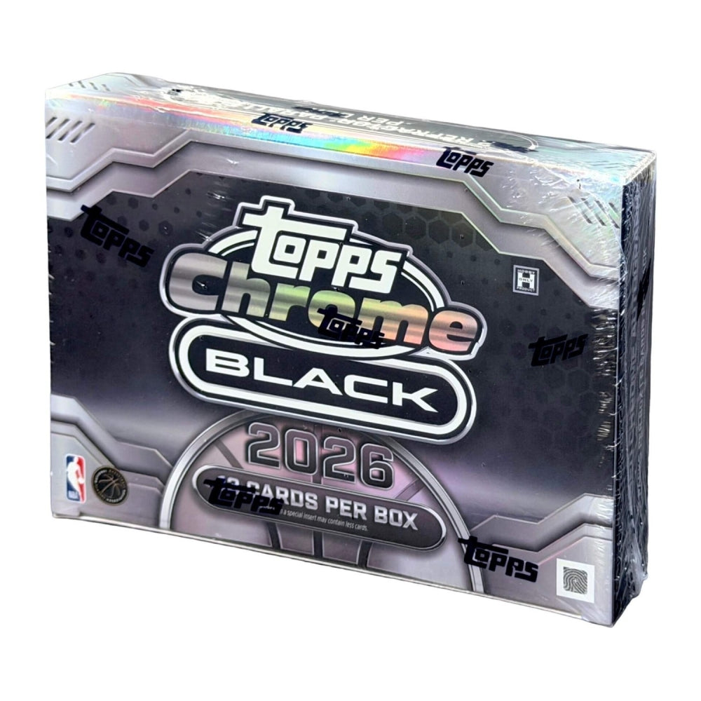 A sealed Topps NBA Chrome Black 2025-26 Hobby Box, showcasing a metallic design with the Topps brand and NBA logos on the front.