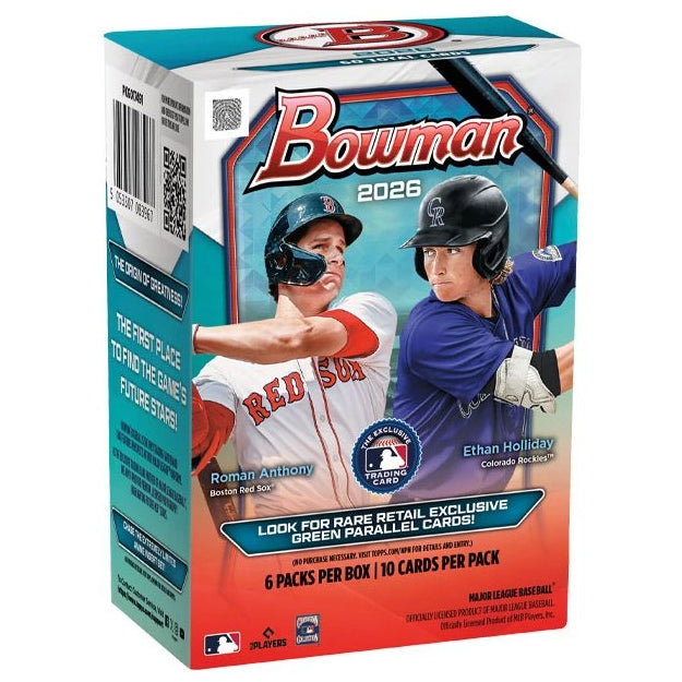 The 2026 Topps Chrome Bowman Baseball Value Box features Roman Anthony (Red Sox) and Ethan Holliday (Rockies) on the cover, includes 6 packs per box, and advertises rare retail-exclusive green parallel cards.