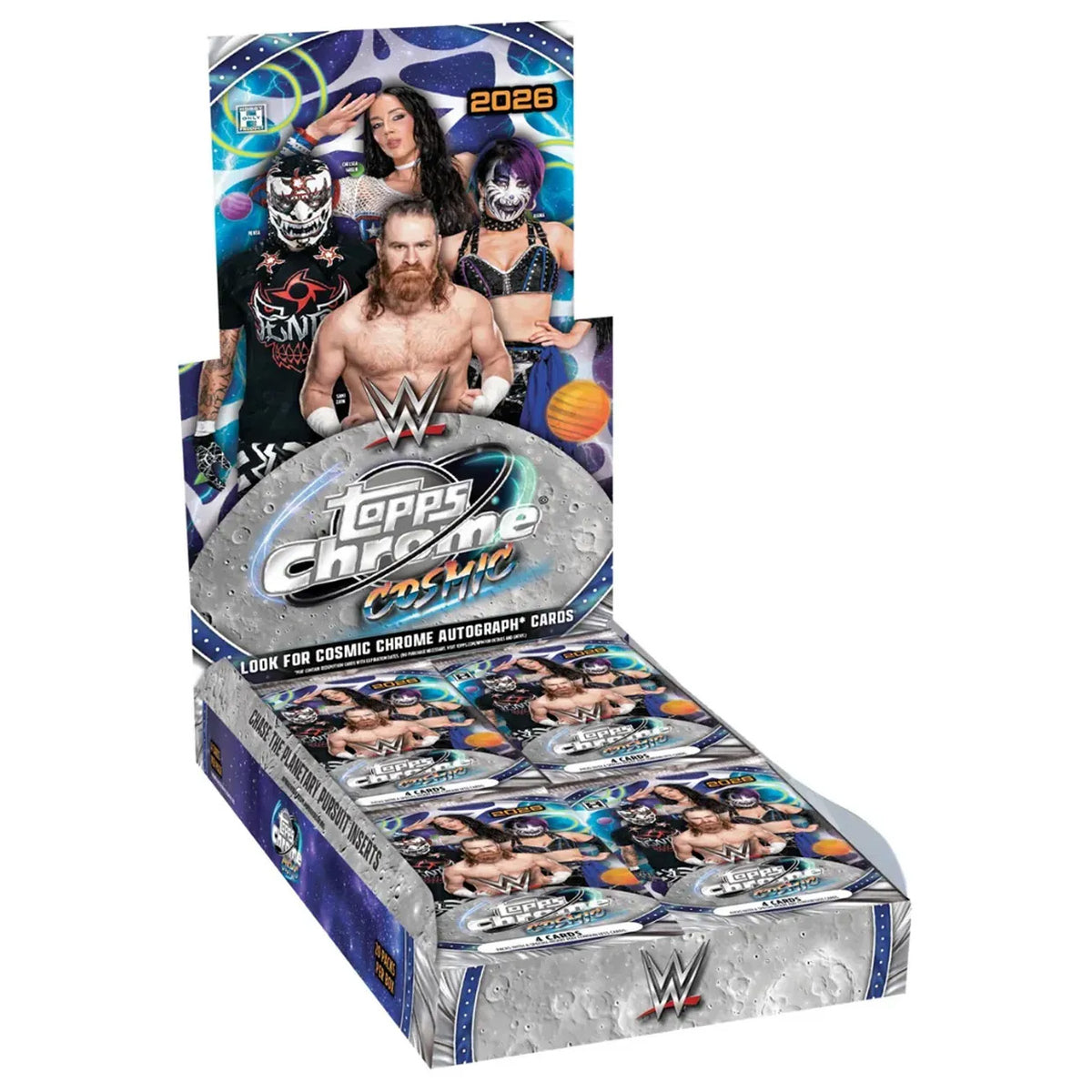 A Topps Chrome Cosmic 2026 WWE Hobby Box by Topps showcases wrestlers in vibrant cosmic-themed gear, with several card packs neatly arranged inside the open box.