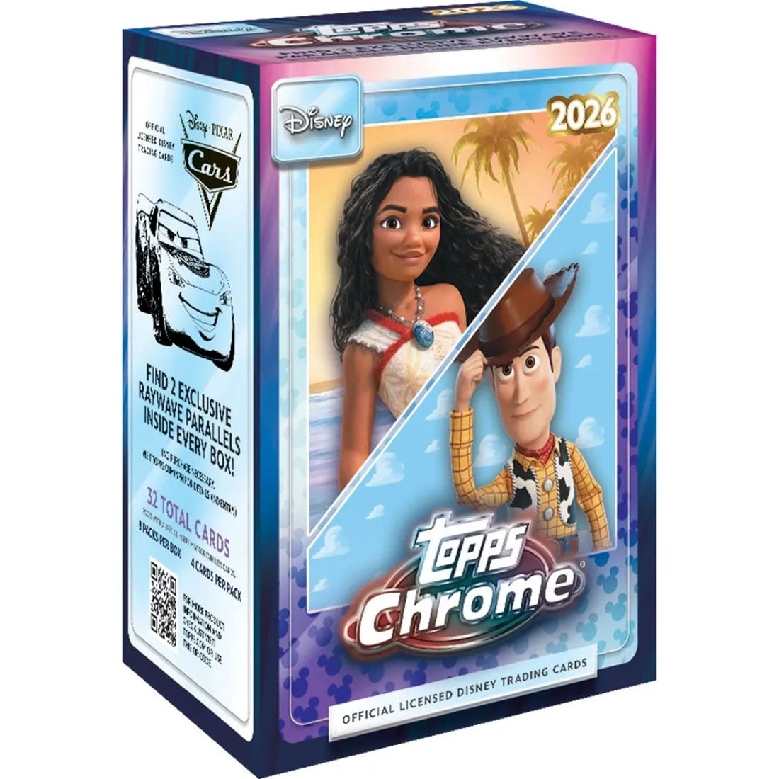 The Topps Chrome Disney 2026 Value Box by Topps features Moana and Woody on the front, includes a promotion for exclusive cards, and displays a Disney Cars illustration on the side.