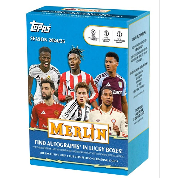 Introducing the Topps Chrome UEFA Merlin 2024/25 Value Box by Topps—a brand-new fodboldkort collection for the season! The box showcases six soccer stars and official UEFA competition logos on the front, offering fans an exciting opportunity to discover rare autographs in select lucky boxes.
