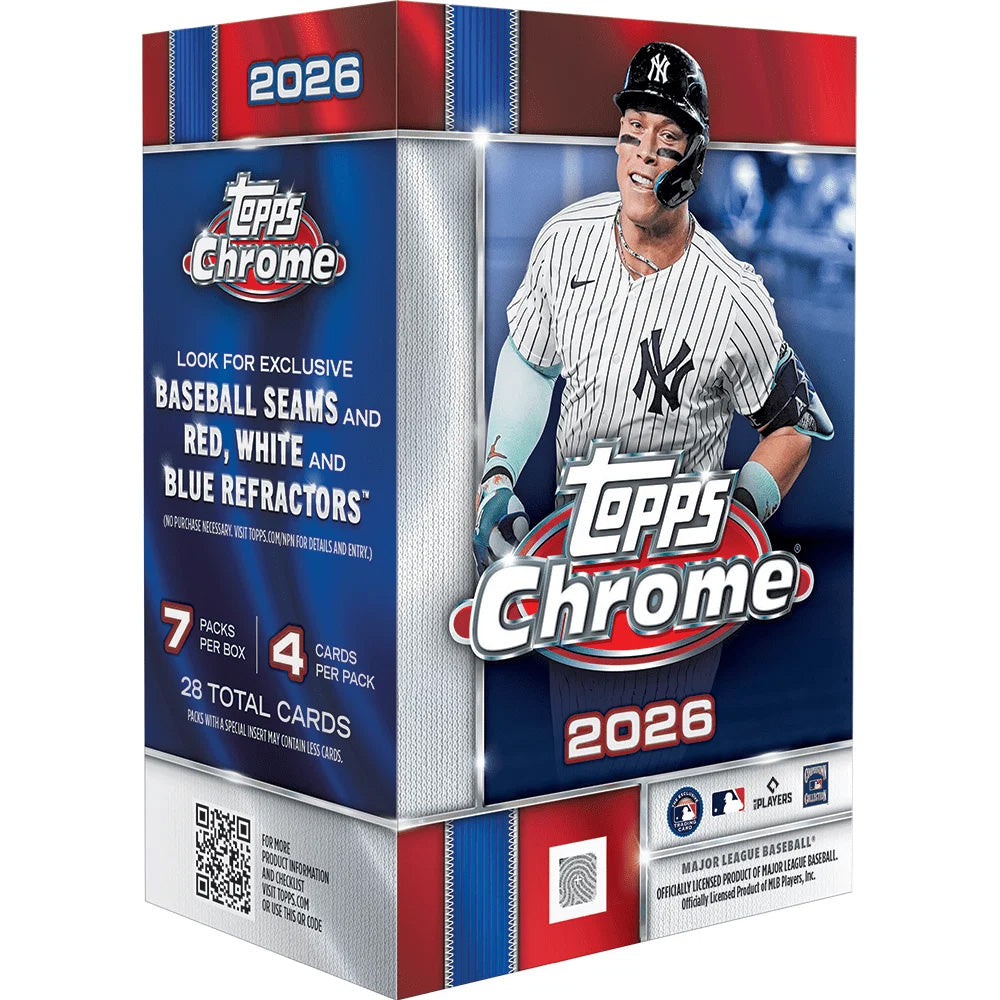 Topps Chrome MLB 2026 Value Box by Topps featuring a player in a New York Yankees uniform. The box spotlights exclusive cards and includes 7 packs per box with 4 cards per pack, for a total of 28 cards.