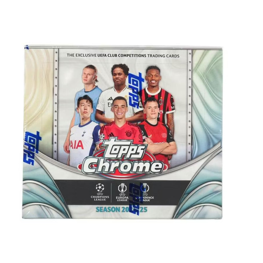 The Topps Chrome UEFA Club Competitions 2024/25 Hobby Jumbo Box features six soccer players from different teams on the front, competition logos, and “Season 2024/25” at the bottom—ideal for hobby jumbo box collectors.