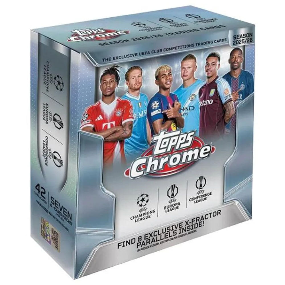 Topps Chrome UEFA Club Competitions 2025/26 Mega Box by Topps features trading cards with seven soccer players and logos of the Champions League, Europa League, and Conference League.