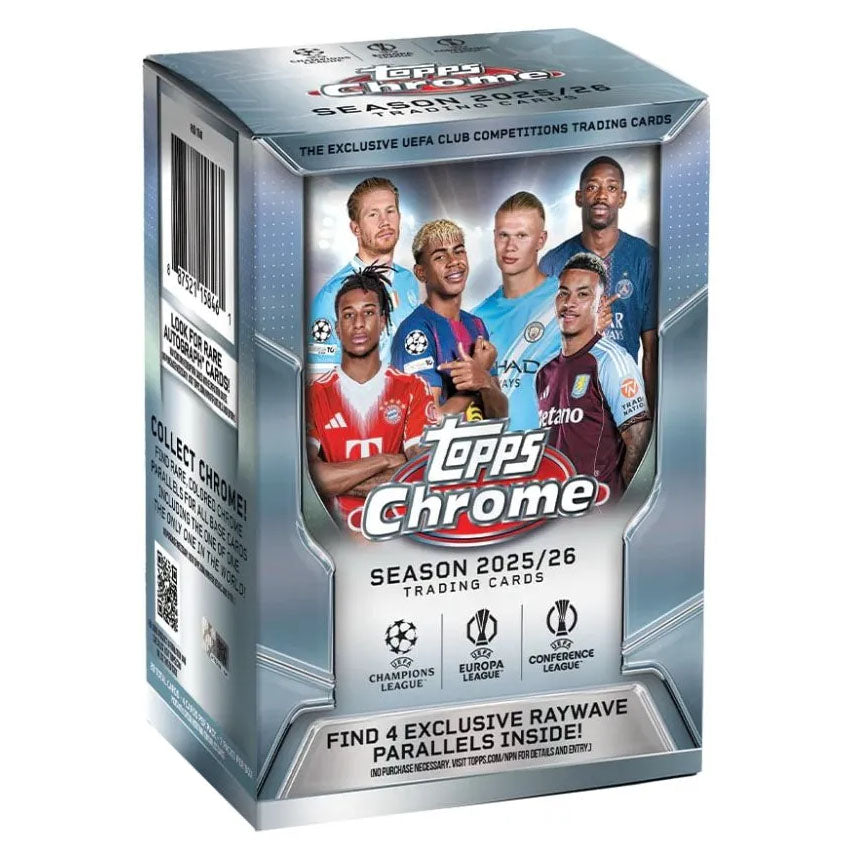 A Topps Chrome UEFA Club Competitions 2025/26 Value Box of fodboldkort, featuring six soccer players on the front and promoting four exclusive Raywave parallels inside.