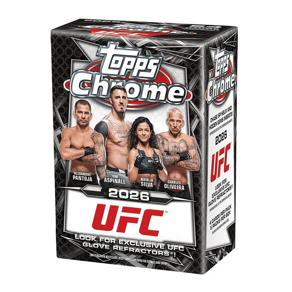 Topps Chrome 2026 UFC Value Box, by Topps, showcases four UFC fighters on the front—two men and one woman—with prominent UFC and Topps Chrome logos, plus messaging about exclusive glove refractors.