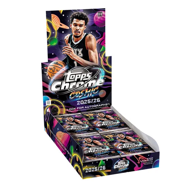The Topps NBA Cosmic Chrome 2025/26 Hobby Box by Topps features colorful graphics and text highlighting autographs—a must-have for basketball-samlerekort collectors and NBA trading card enthusiasts.